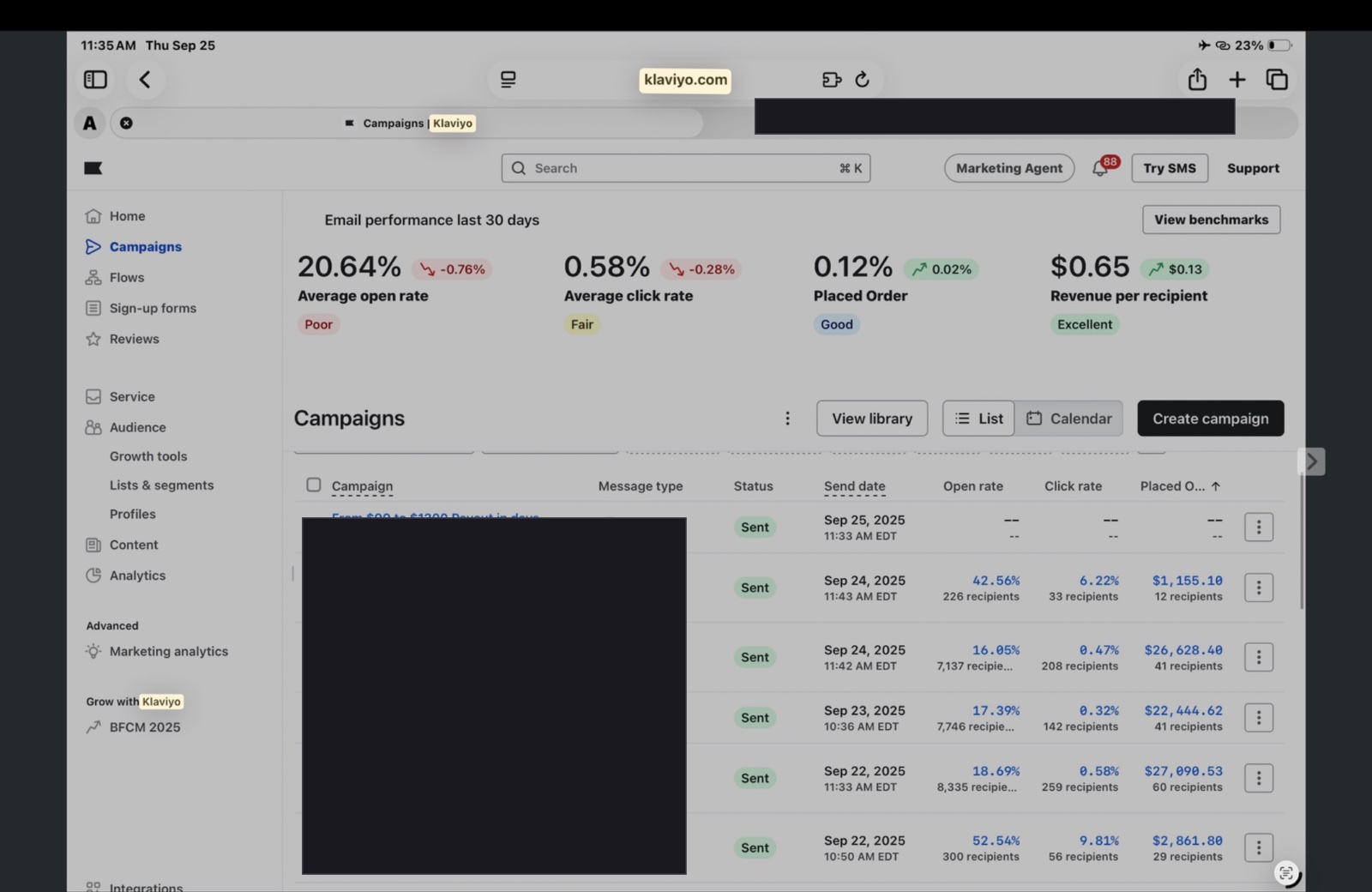 Klaviyo dashboard revenue snapshot