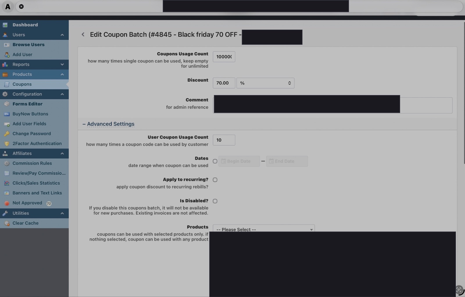 Backend admin Black Friday coupon batch