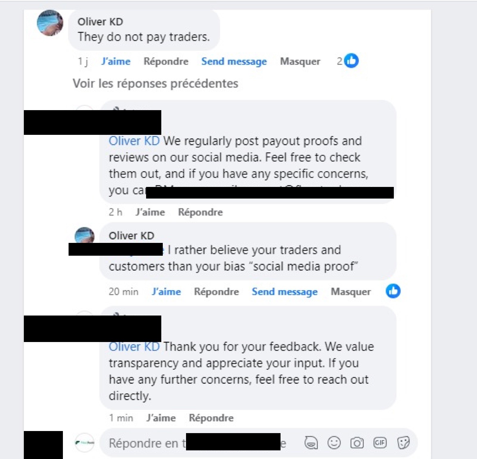 Redacted community management reply